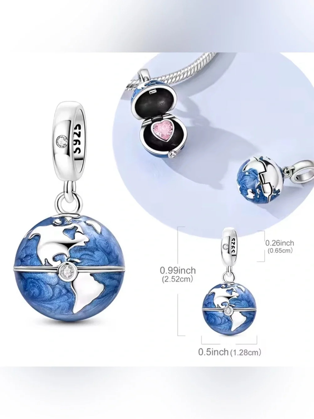 New Sterling Silver Globe Locket Charm with Pink Heart